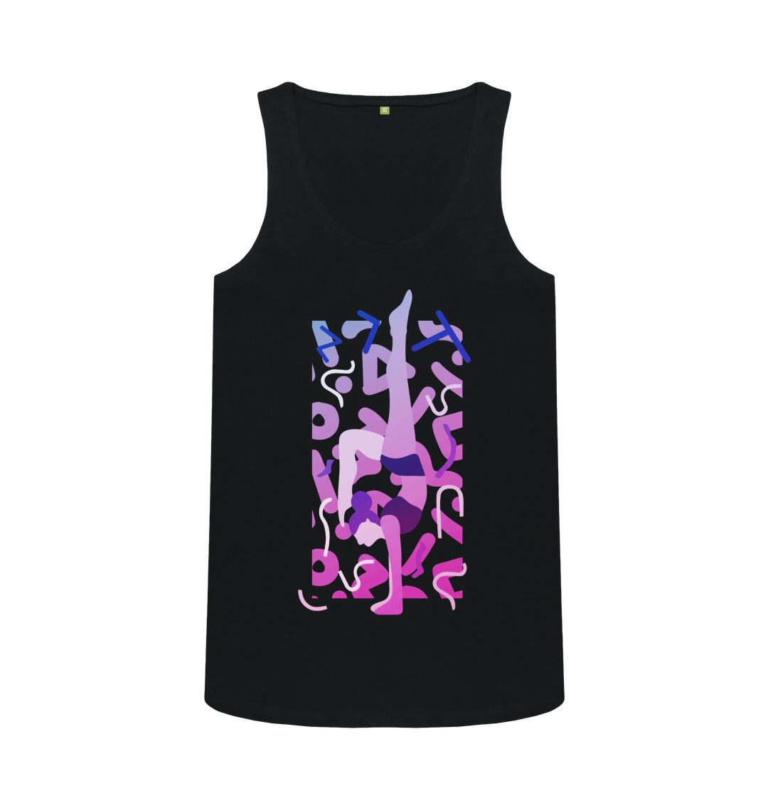 Black tank top with abstract purple and blue design