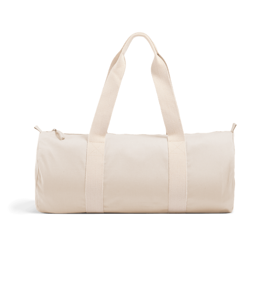 White cylindrical canvas duffel bag