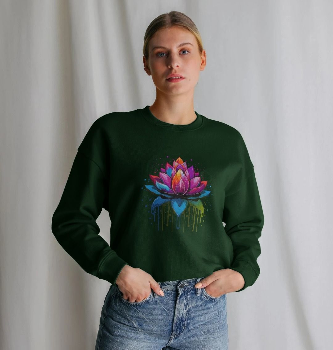 Dark green sweatshirt with colorful lotus flower design (person)