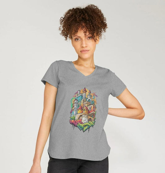 Gray t-shirt with colorful castle design (person)