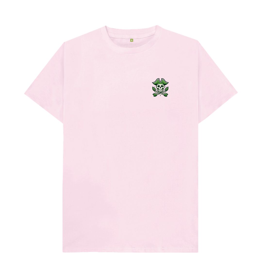 Light pink t-shirt with small green pirate skull logo