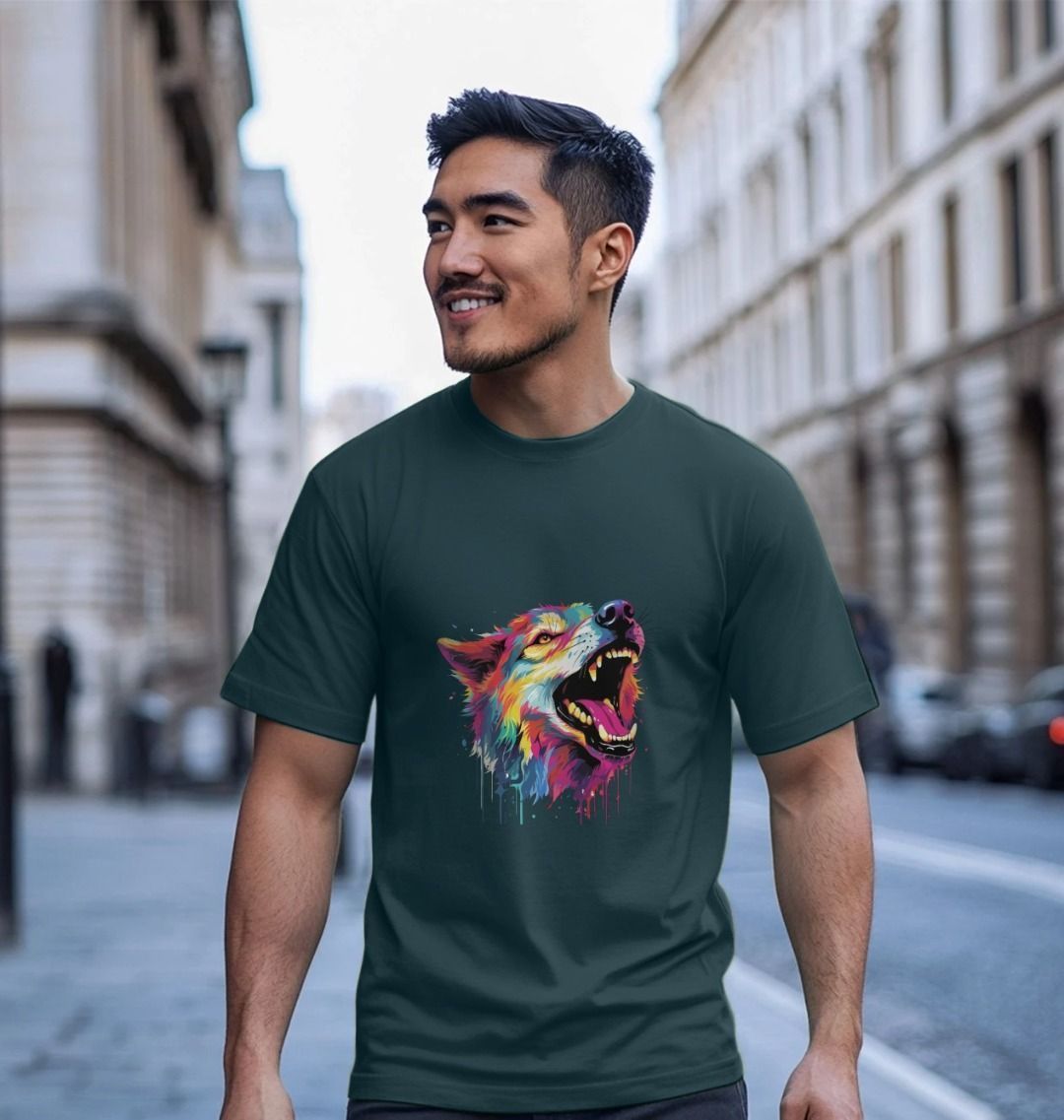 Dark green t-shirt with colorful wolf graphic (person)