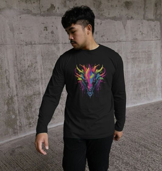 Long-sleeved black t-shirt with colorful dragon design (person)