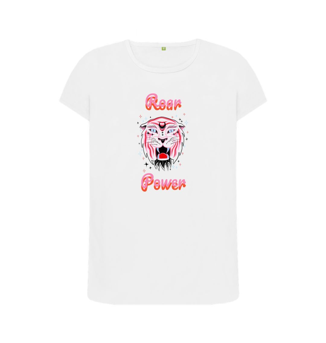 White t-shirt with pink tiger and "Roar Power" text