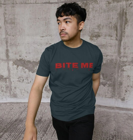 Dark gray t-shirt with "BITE ME" in red dripping font (person)