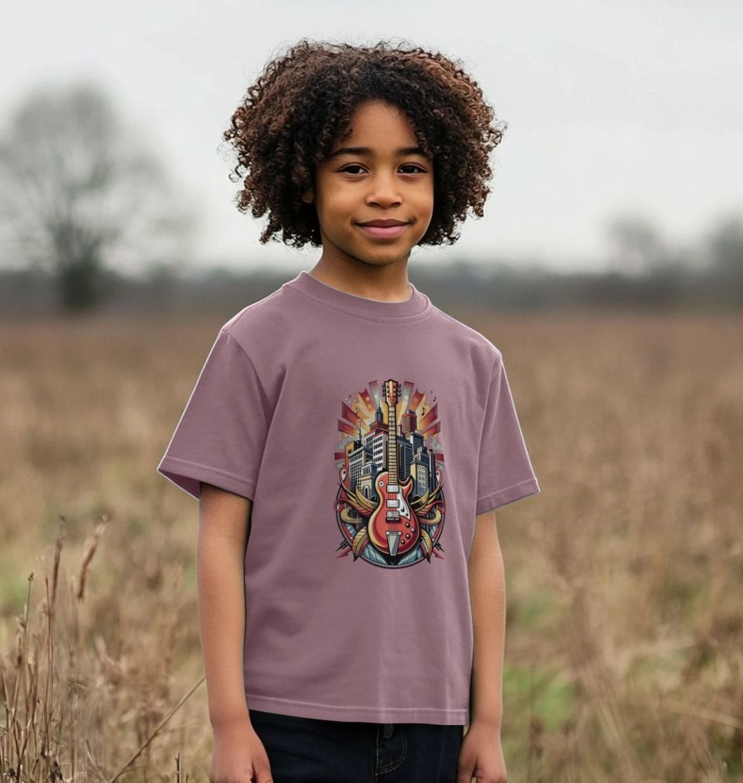 Purple t-shirt with guitar and cityscape design (person)