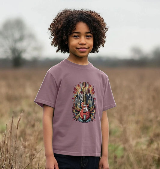 Purple t-shirt with guitar and cityscape design (person)