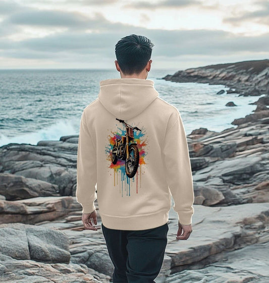Beige hoodie with colorful motorcycle graphic (person)