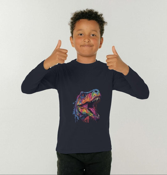 Long-sleeved t-shirt with colorful dinosaur graphic (person)