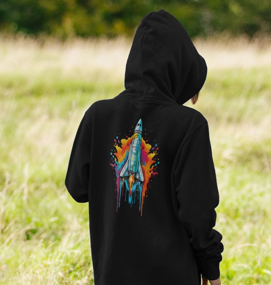 Black hoodie with colorful rocket graphic (person)