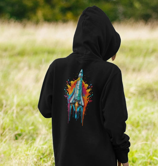 Black hoodie with colorful rocket graphic (person)