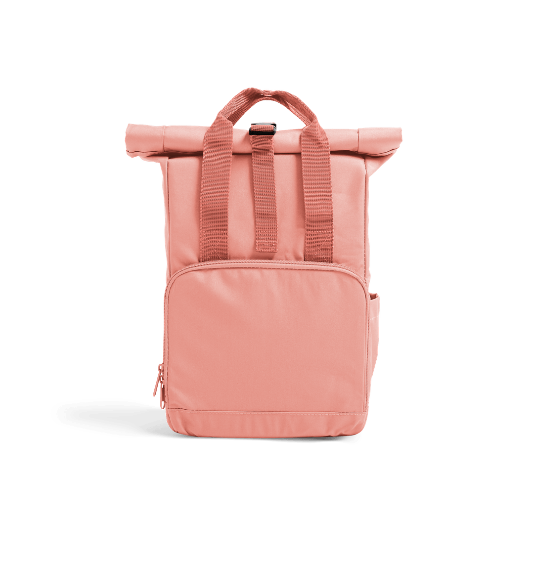 Pink backpack with roll-top closure