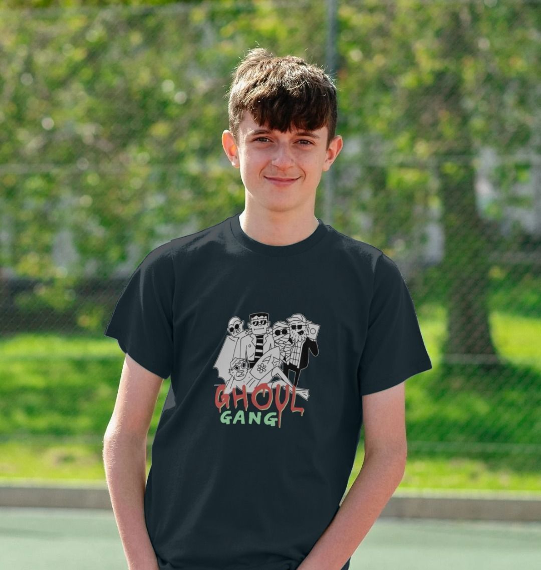 Black t-shirt with "GHOUL GANG" graphic (person)