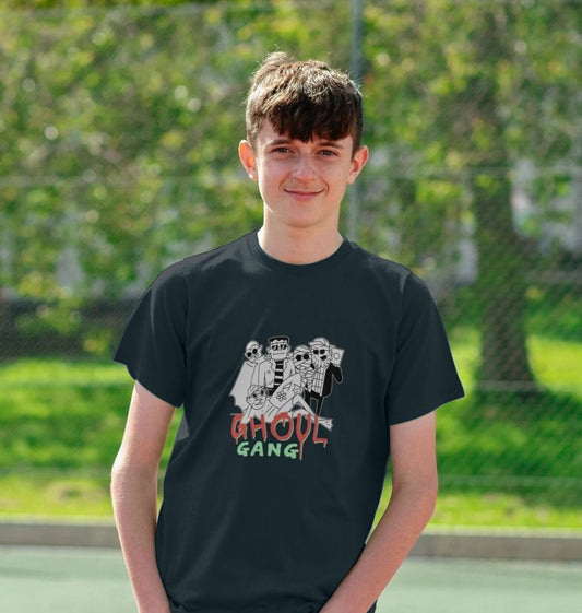 Black t-shirt with "GHOUL GANG" graphic (person)