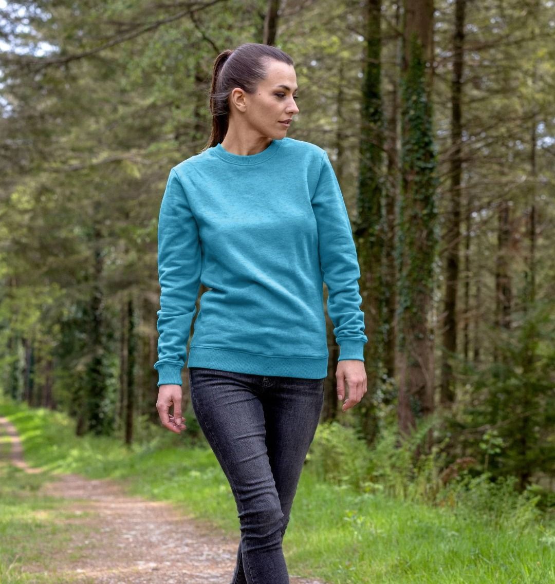 Teal crew neck sweater (person)