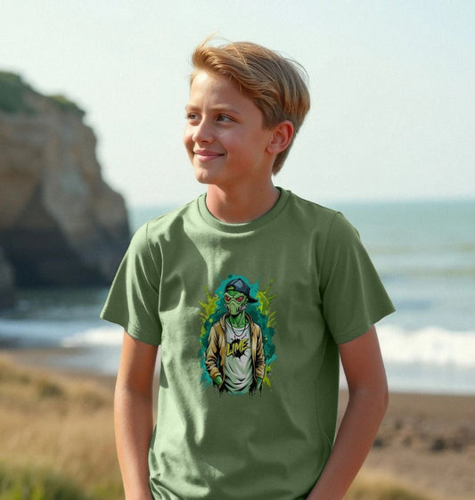 Olive green t-shirt with graphic design (person)