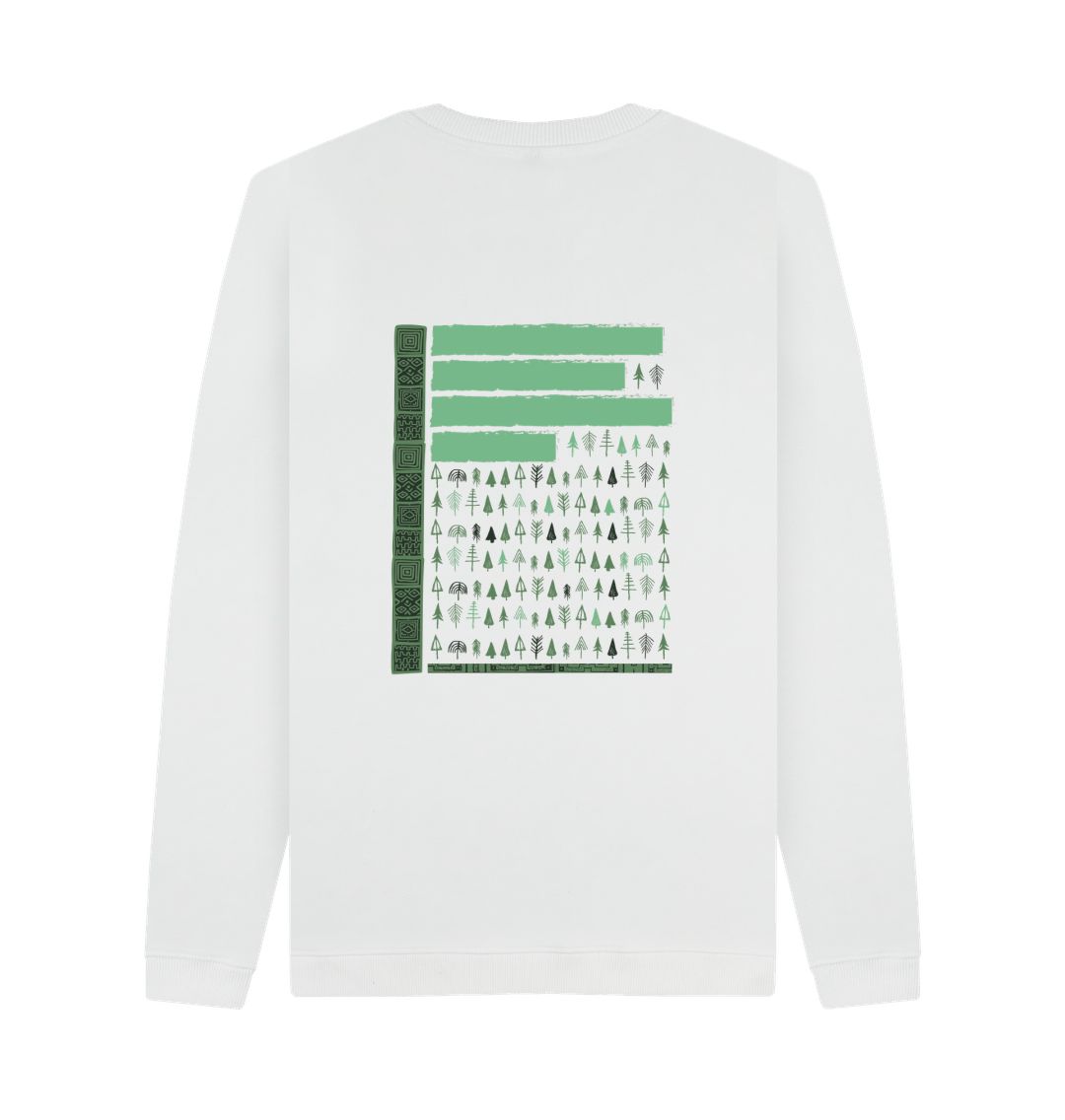 White sweatshirt with green forest pattern