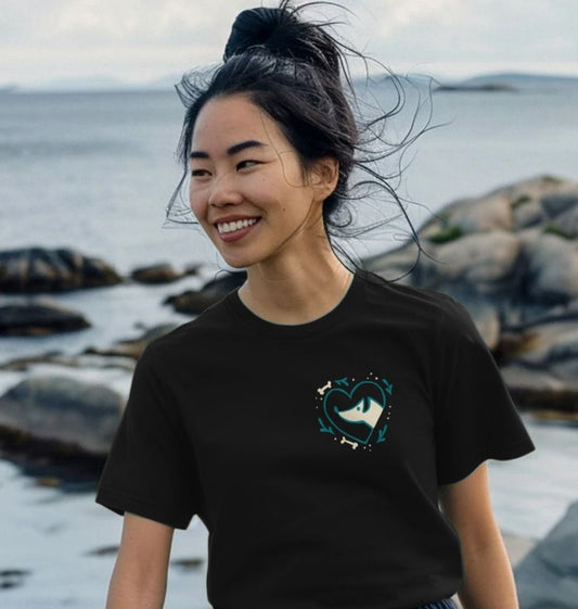 Black t-shirt with heart and dog design (person)