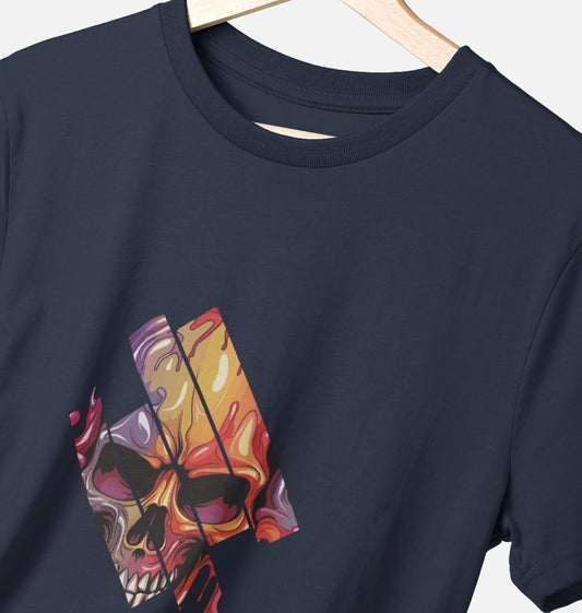 Navy blue t-shirt with colorful skull graphic