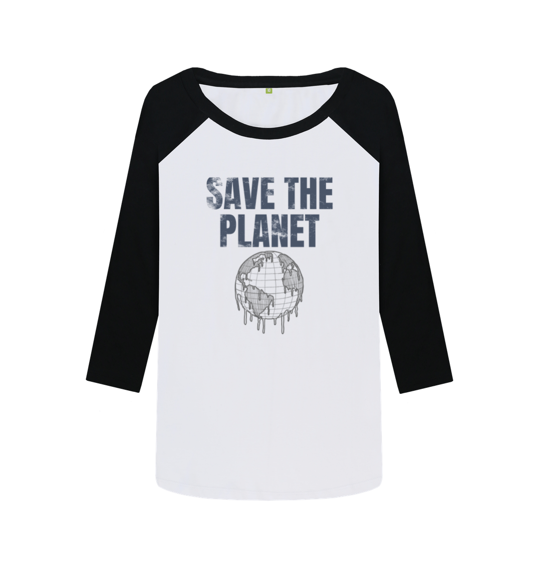 White and black raglan t-shirt with "SAVE THE PLANET" text and globe graphic