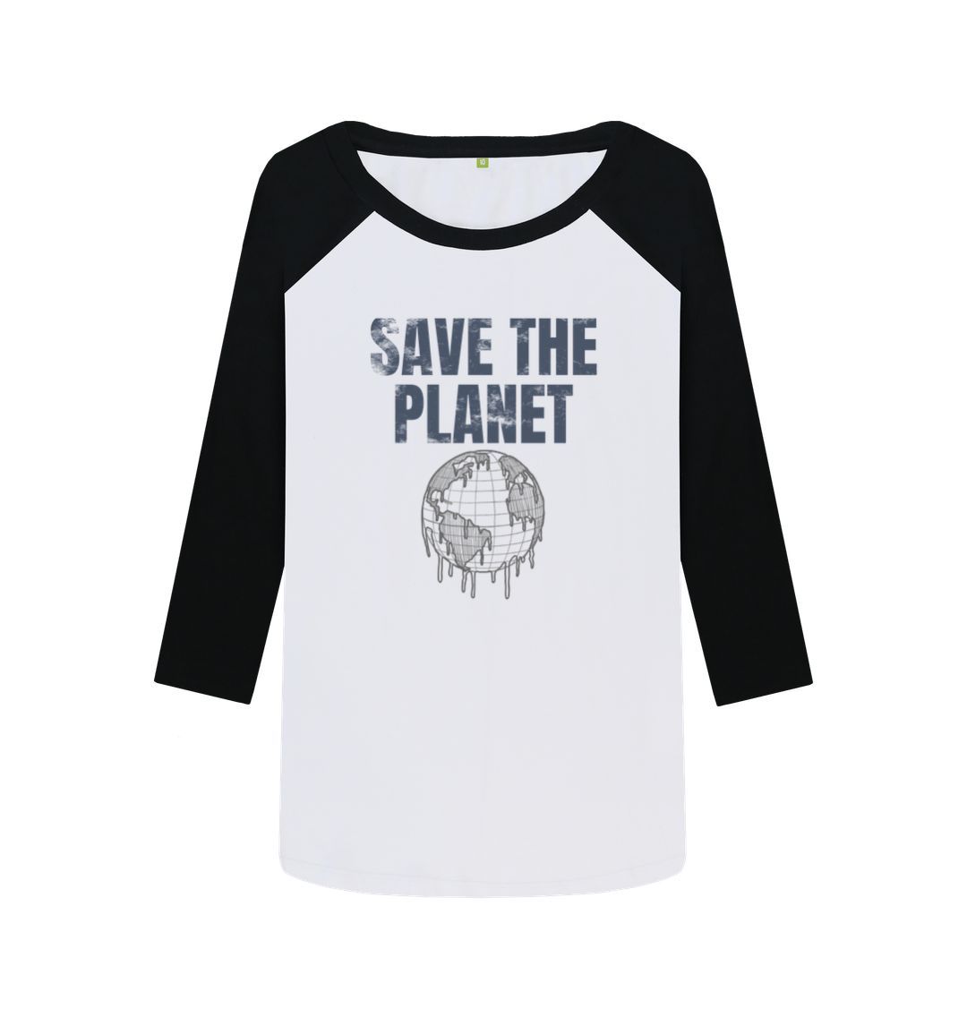White and black raglan t-shirt with "SAVE THE PLANET" text and globe graphic