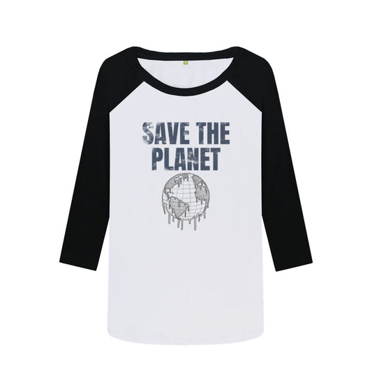 White and black raglan t-shirt with "SAVE THE PLANET" text and globe graphic