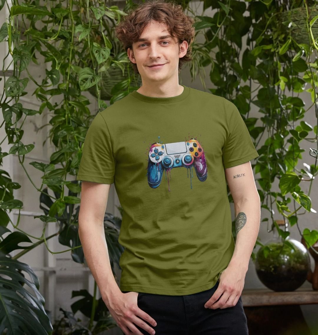 Green t-shirt with colorful game controller design (person)