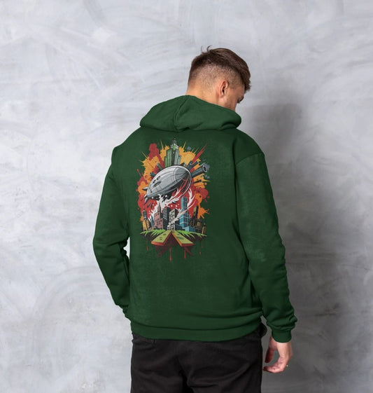 Green hoodie with city and UFO graphic (person)