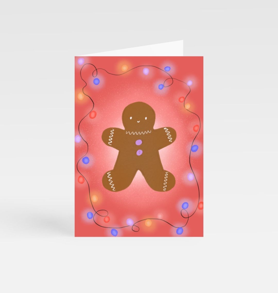 Gingerbread man Christmas card with string lights