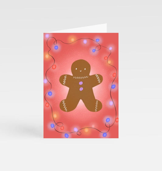 Gingerbread man Christmas card with string lights