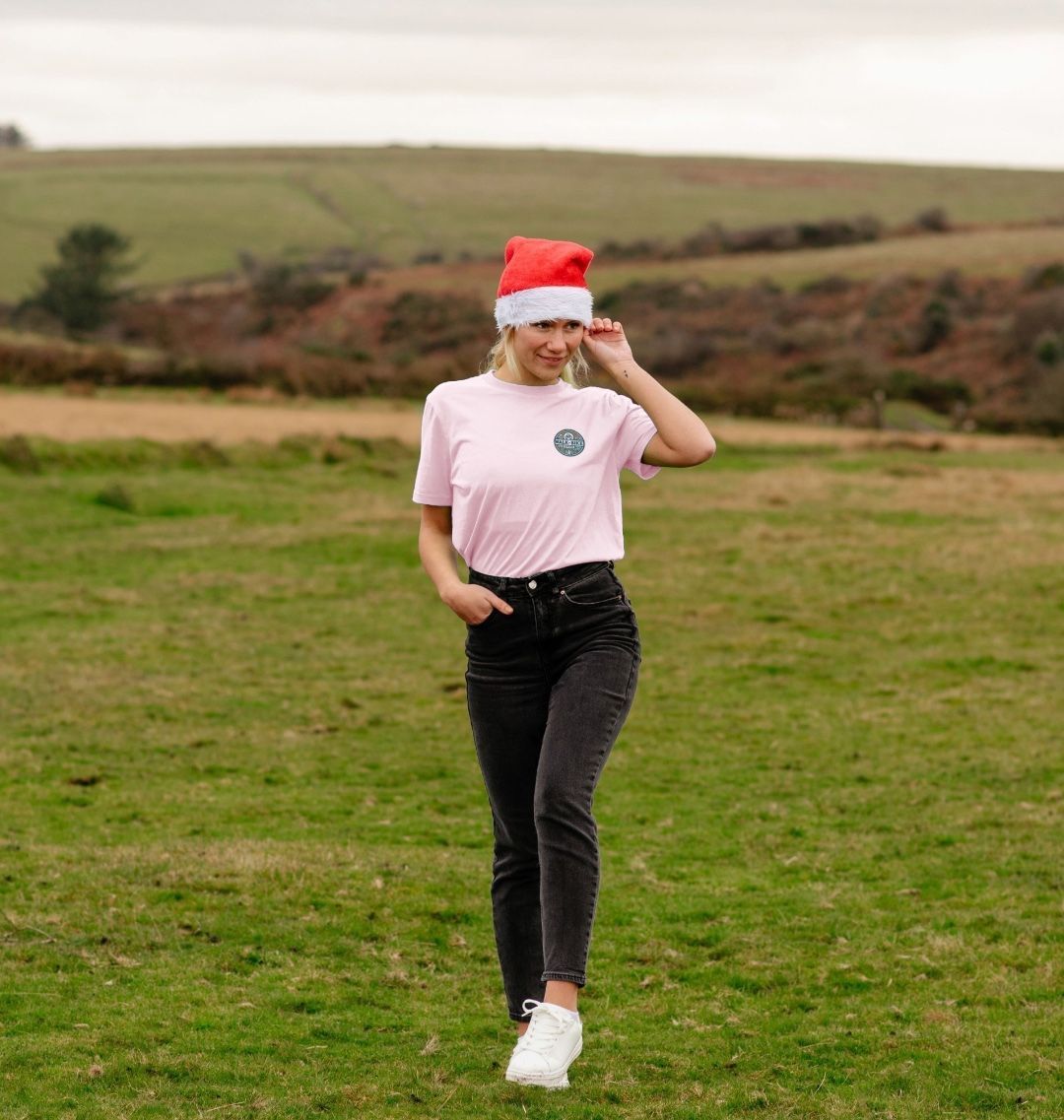 Pink t-shirt with logo and Santa hat (person)