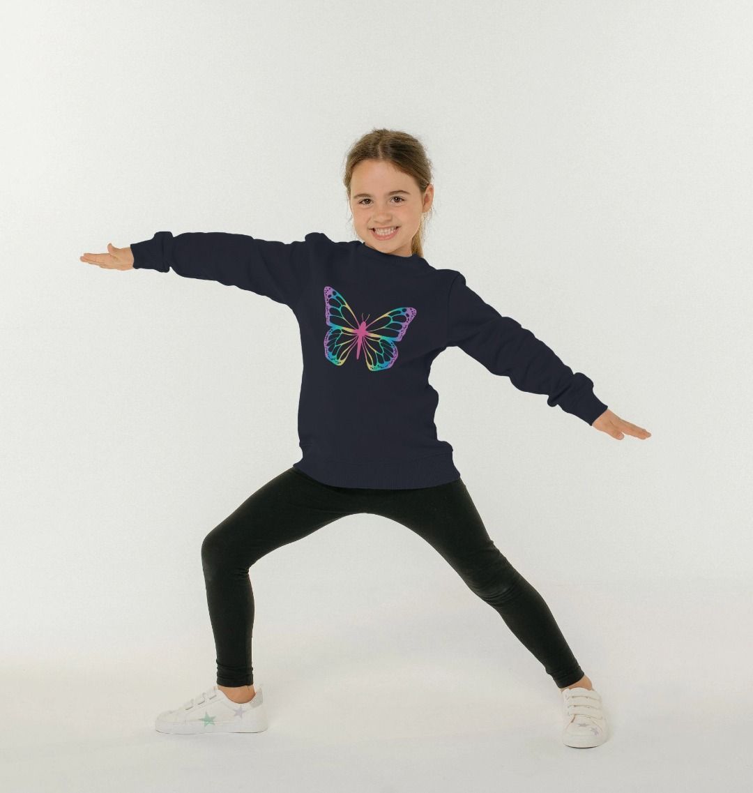 Navy sweatshirt with butterfly design (person)