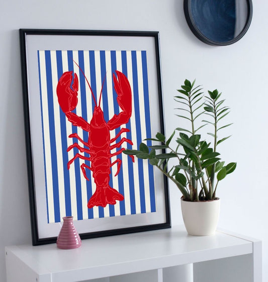 Framed lobster print on striped background