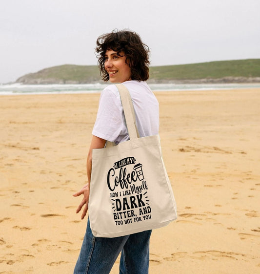 Natural canvas tote bag with coffee quote (person)