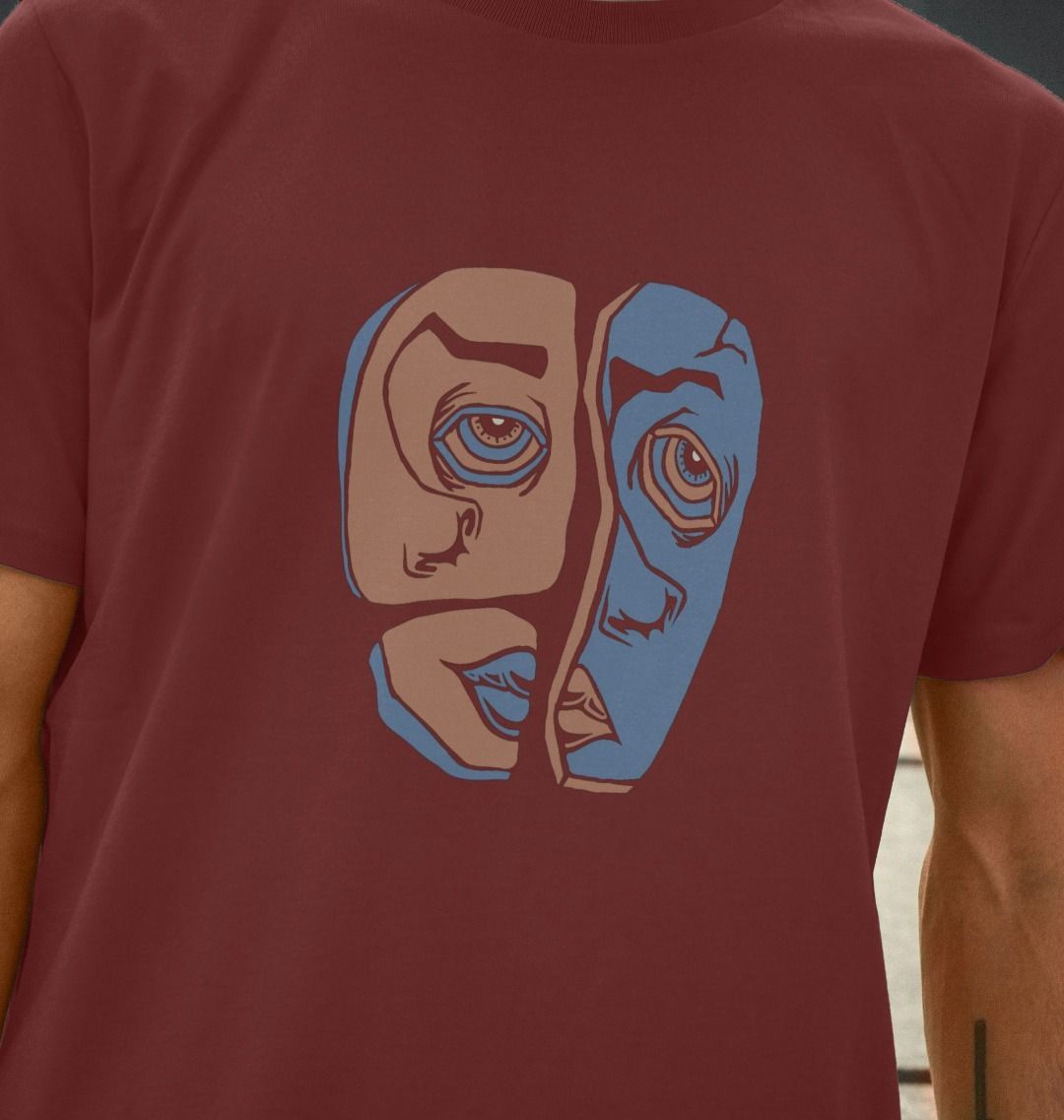 Maroon t-shirt with split face graphic (person)