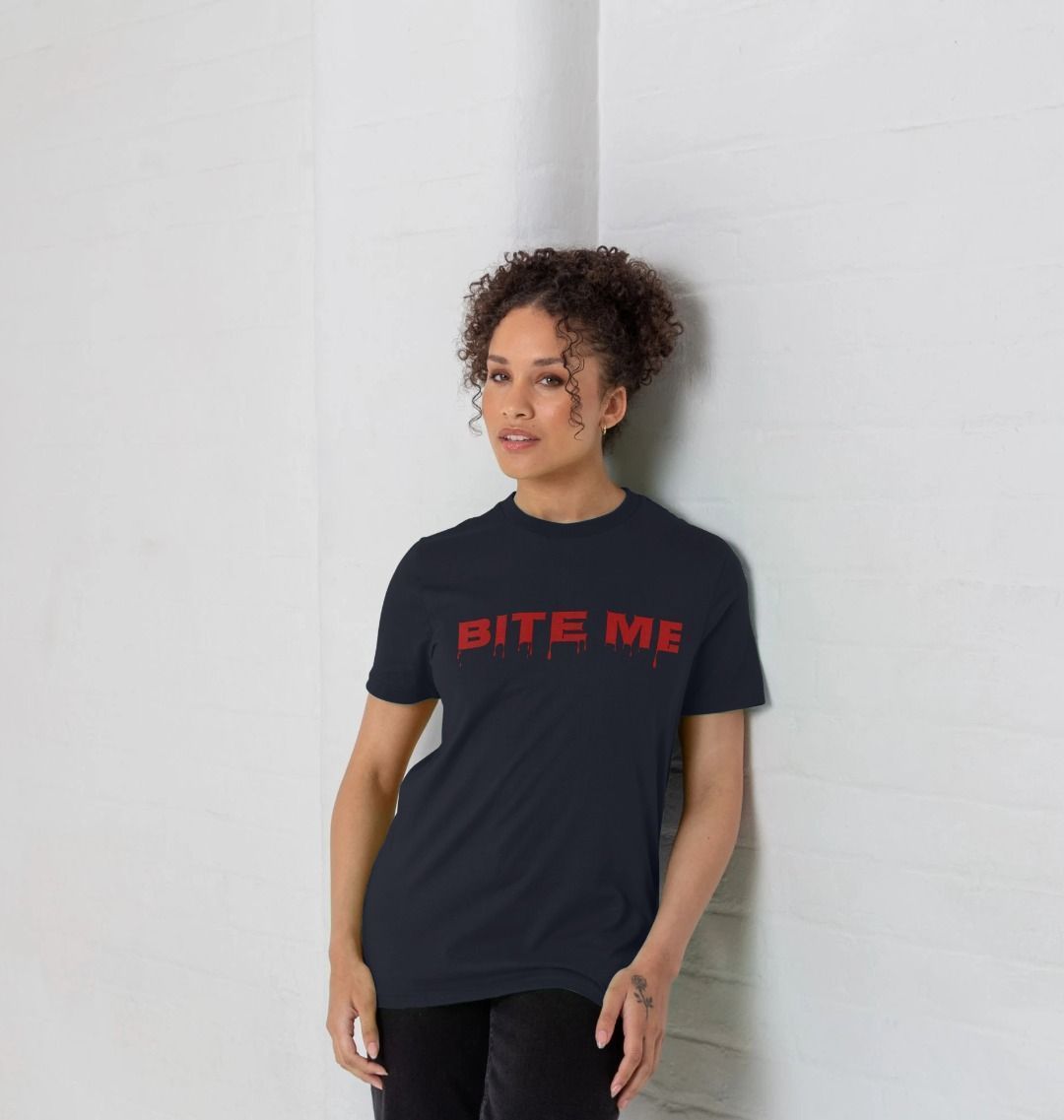 Black t-shirt with "BITE ME" in red dripping font (person)