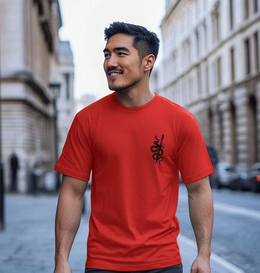 Red t-shirt with black snake and dagger design (person)