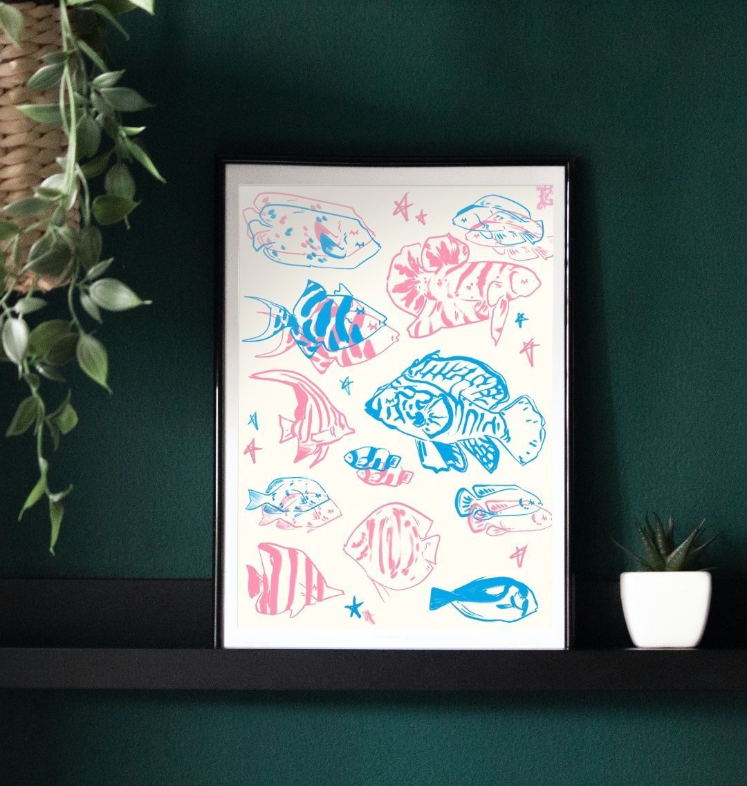 Framed fish illustrations in pink and blue