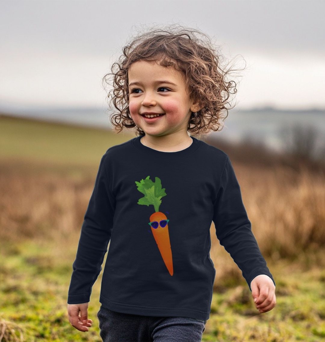 Navy long-sleeved t-shirt with carrot graphic (person)
