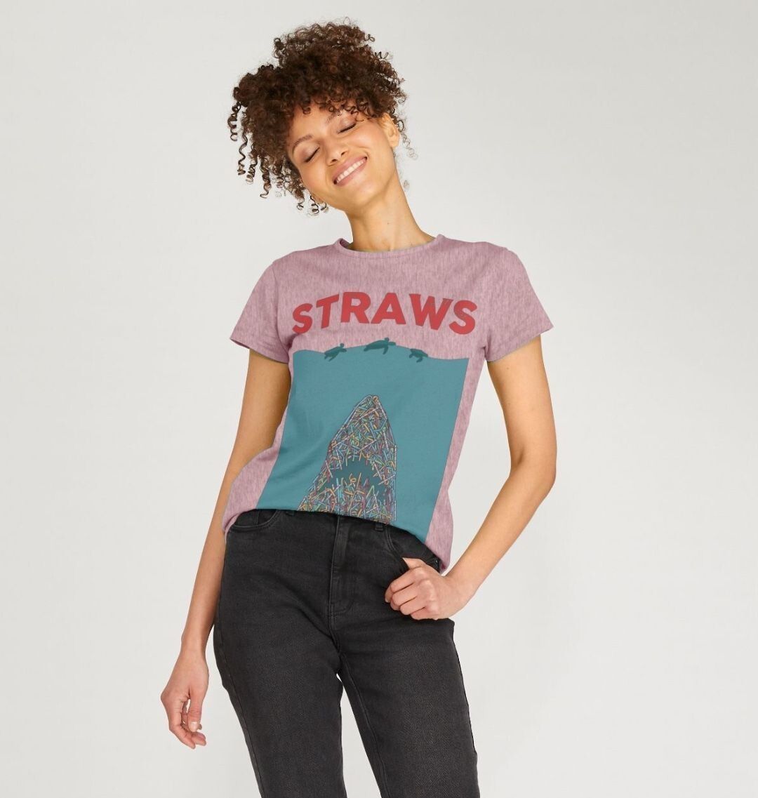 Straws graphic t-shirt with teal and pink design (person)