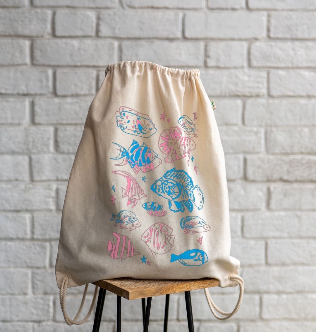 Fish-themed cotton drawstring bag