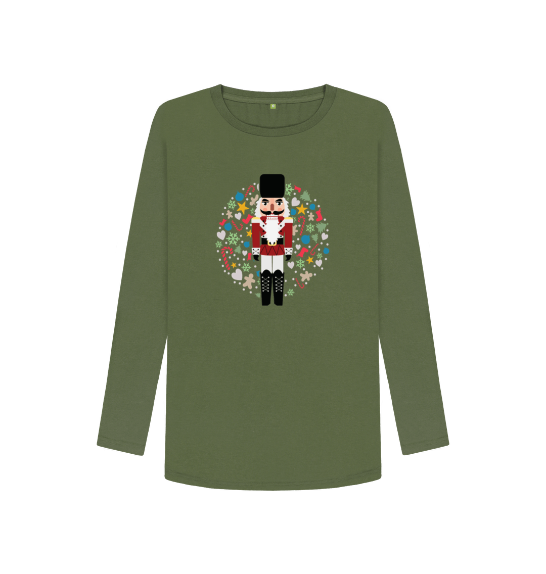 Olive green long-sleeved t-shirt with nutcracker design