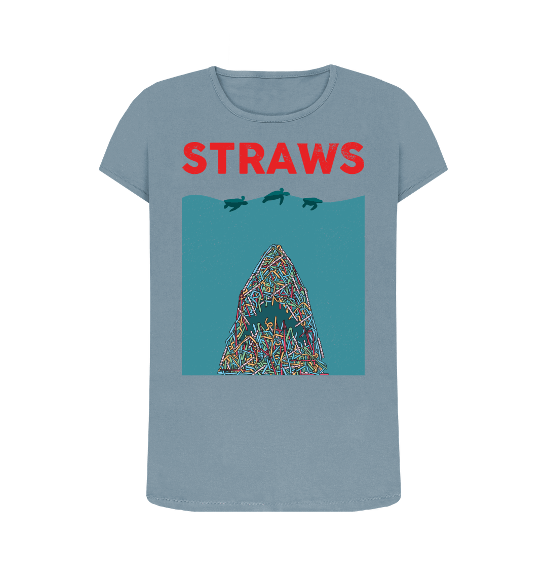 Light blue t-shirt with "STRAWS" text and straw illustration