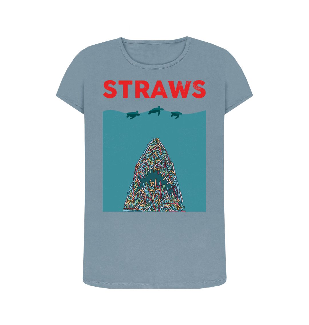 Blue t-shirt with "STRAWS" and sea turtle graphic