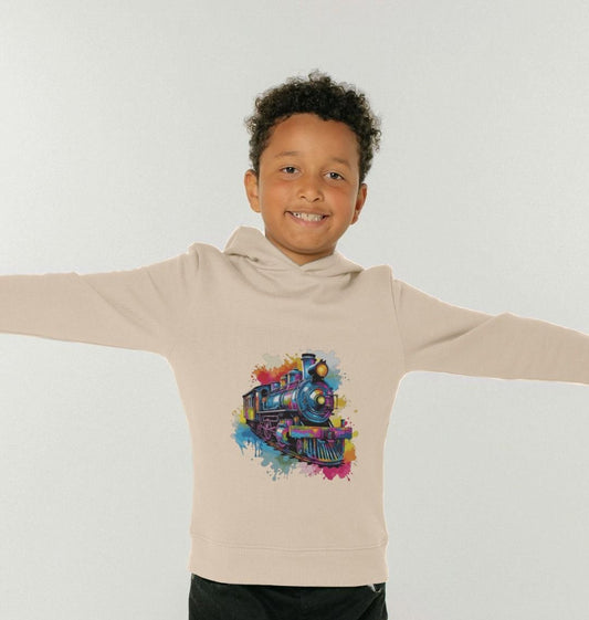 Child's hoodie with colorful train design (person)