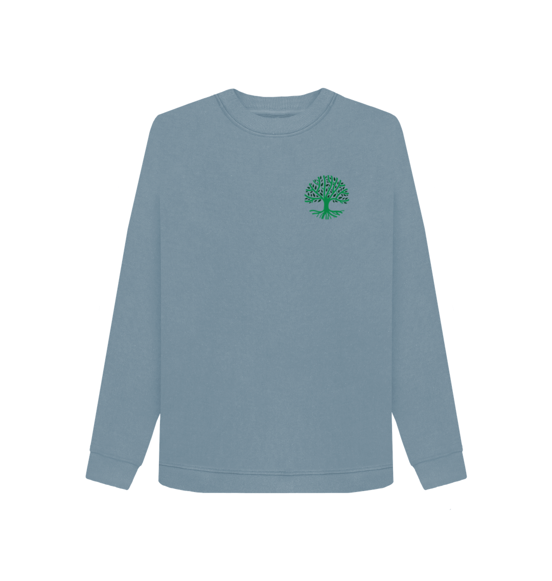 Light blue sweatshirt with green tree logo