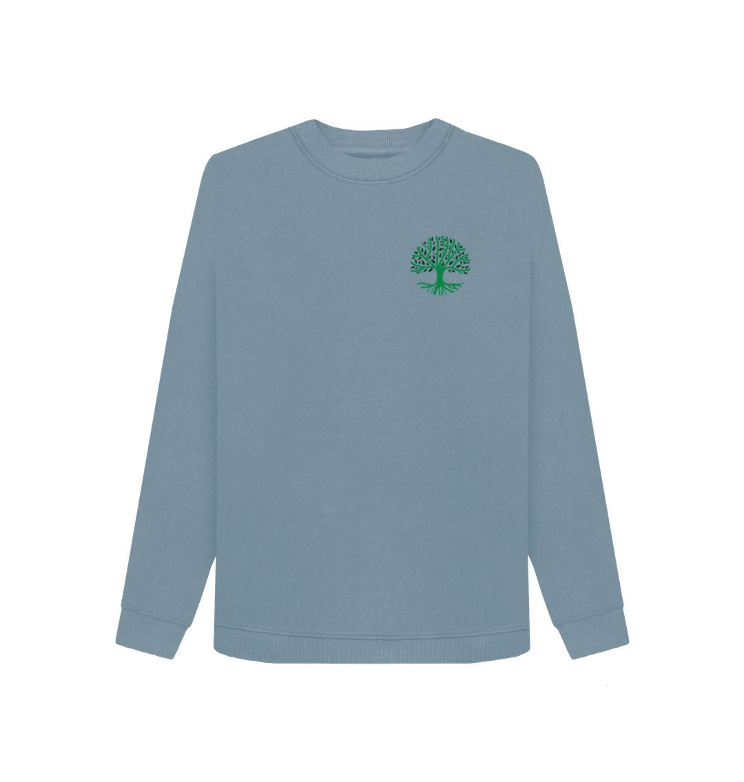 Light blue sweatshirt with green tree logo