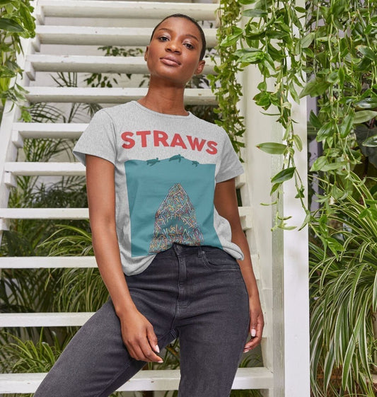 Gray t-shirt with "STRAWS" and straw graphic (person)