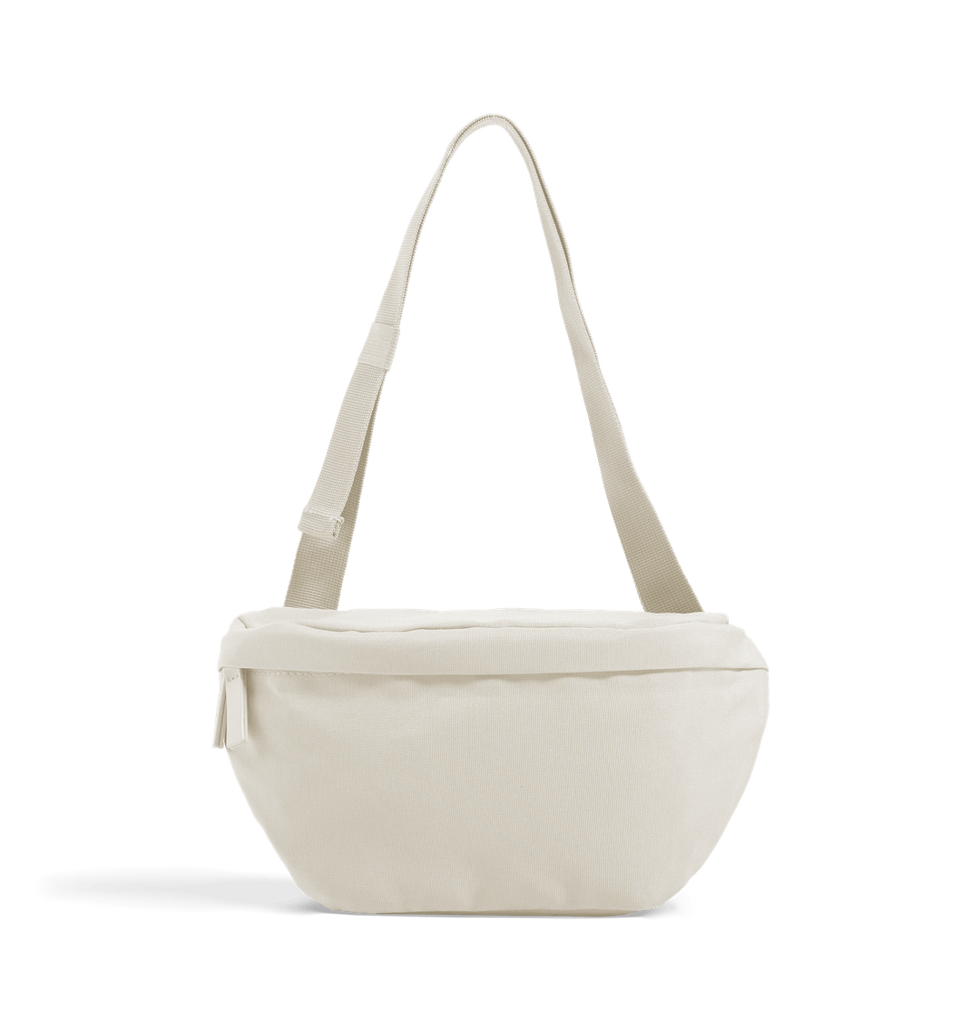 White canvas crossbody bag with adjustable strap