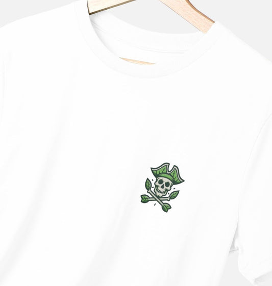 White t-shirt with skull and crossbones design